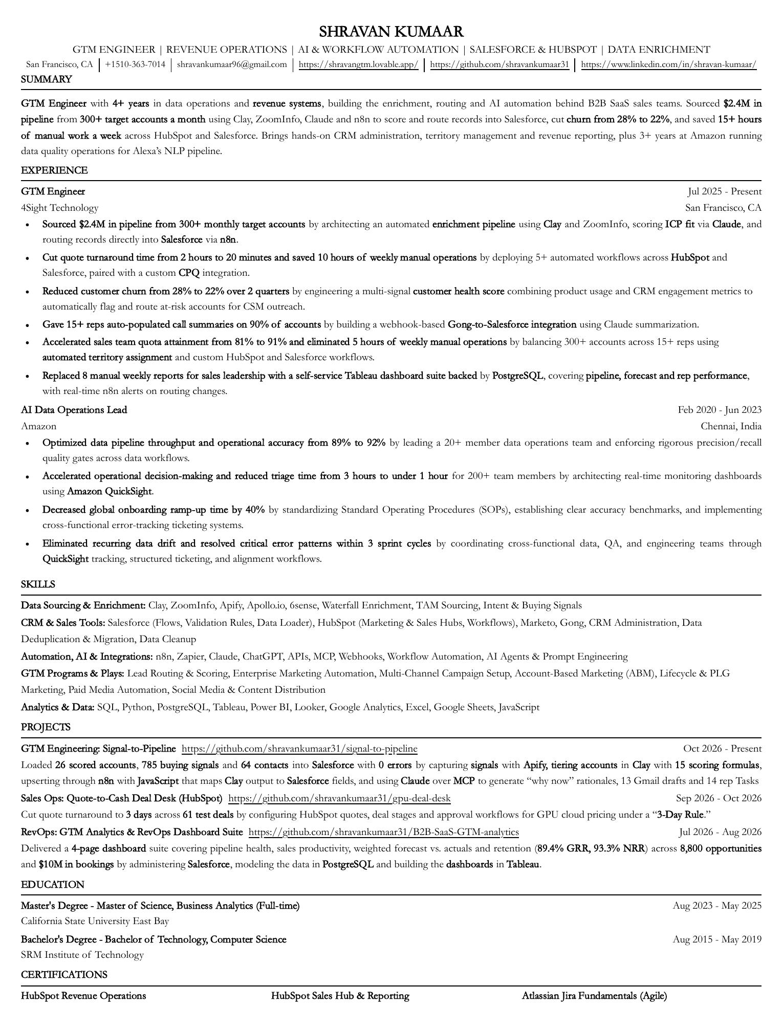 Shravan Kumaar's updated GTM Engineer resume, including experience, skills, projects, education and certifications